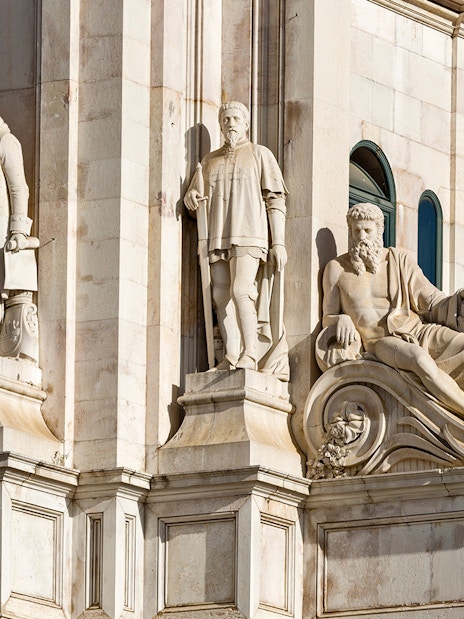 Statues on Rua Augusta Arch in Lisbon, Portugal.