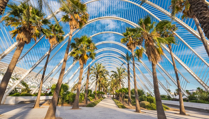 L'Umbracle in Valencia featuring its iconic arched walkway and lush greenery.