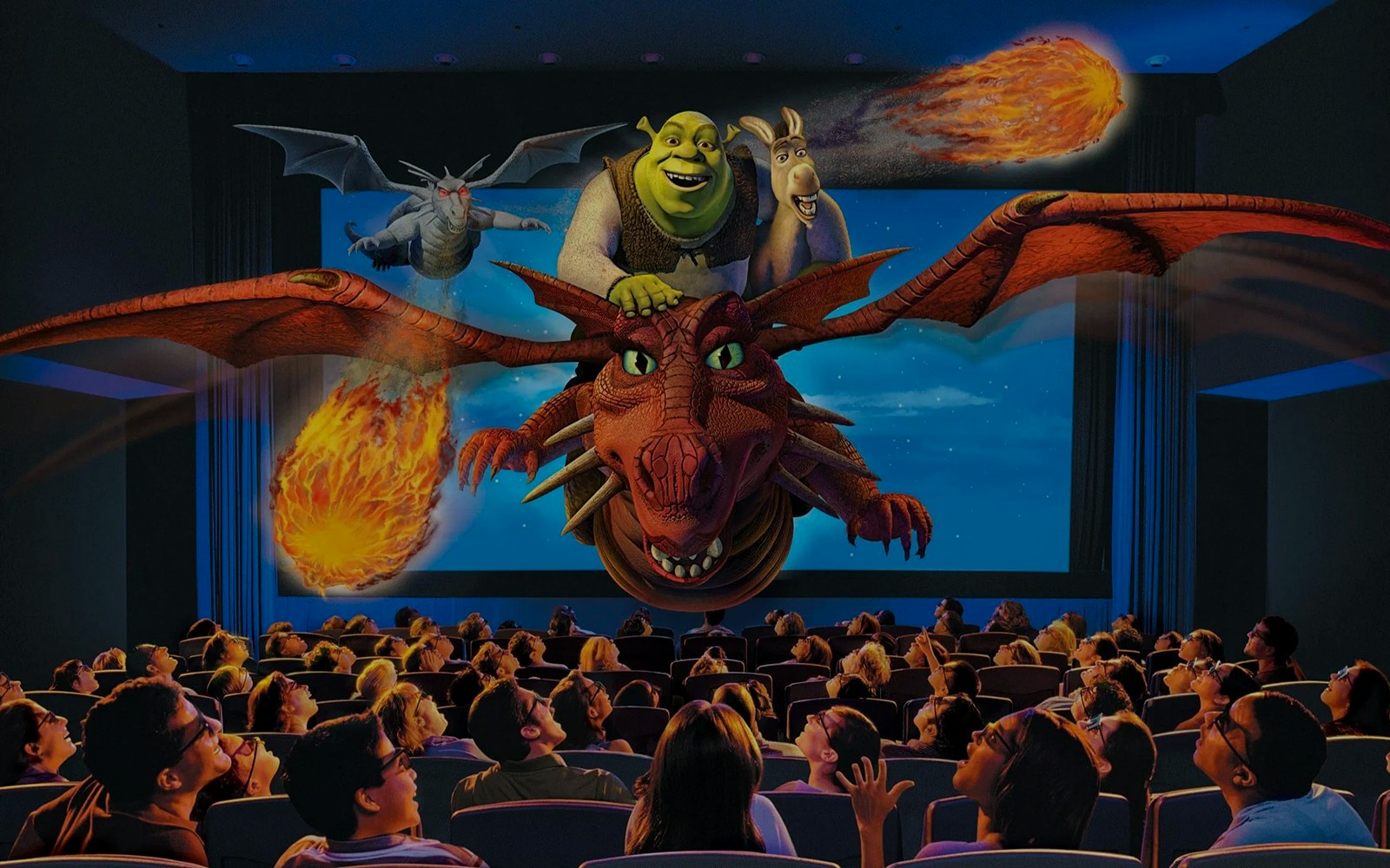 Guests experiencing 4-D effects with Shrek and friends in motion seats.