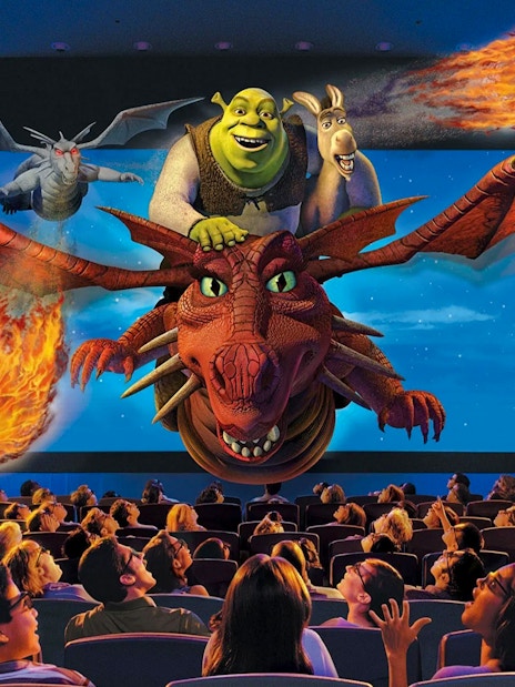 Guests experiencing 4-D effects with Shrek and friends in motion seats.