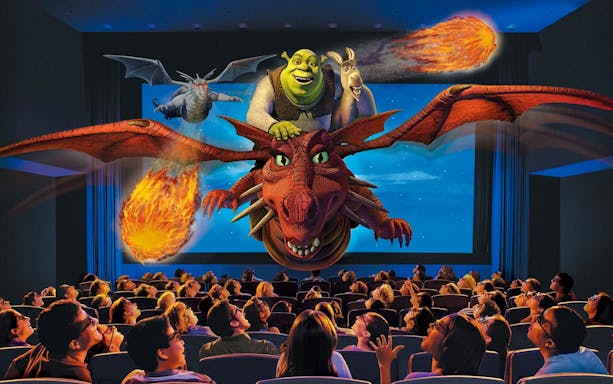 Guests experiencing 4-D effects with Shrek and friends in motion seats.