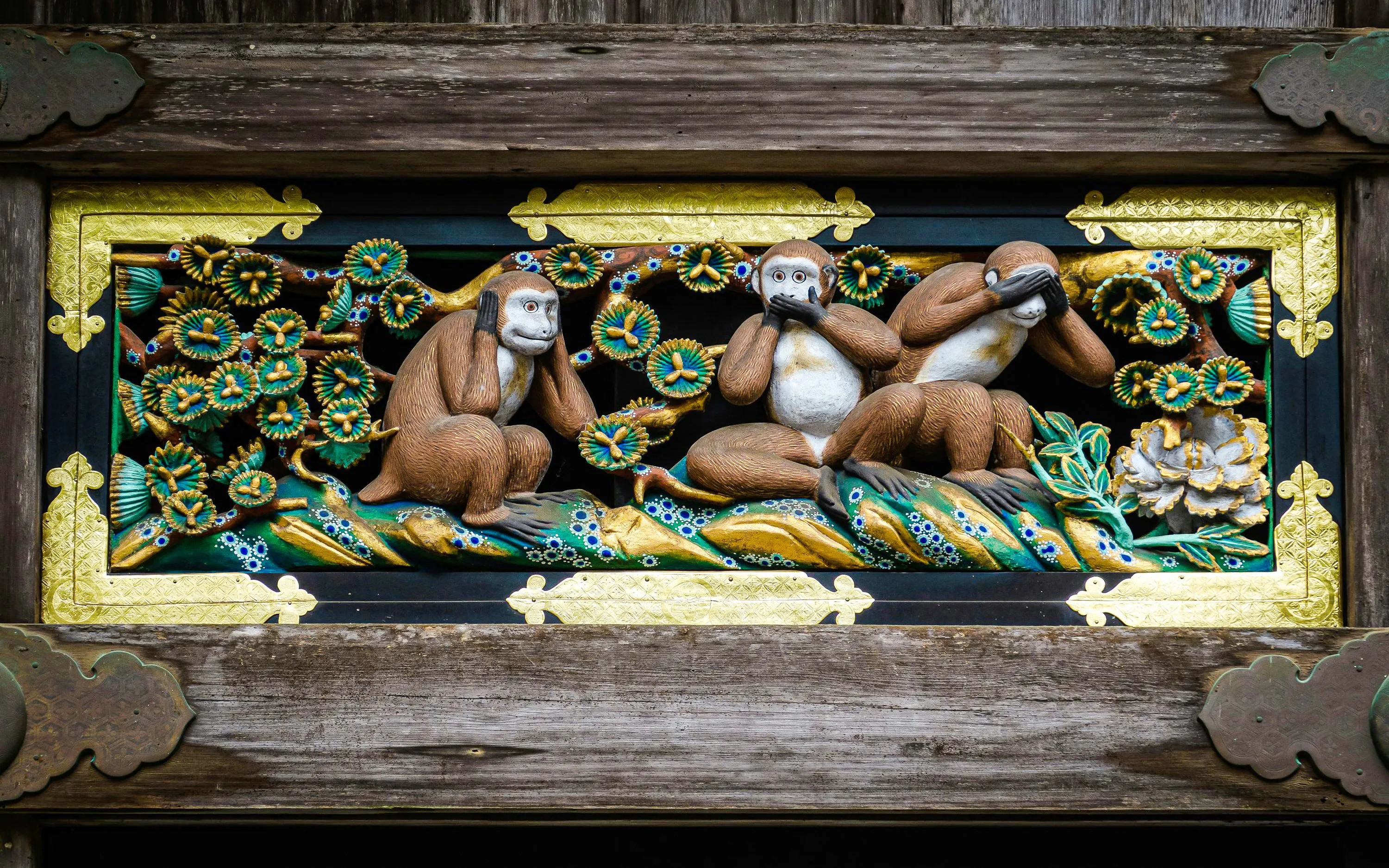 Sculpture of the Three Wise Monkeys at Nikko Toshogu Shrine, Japan.