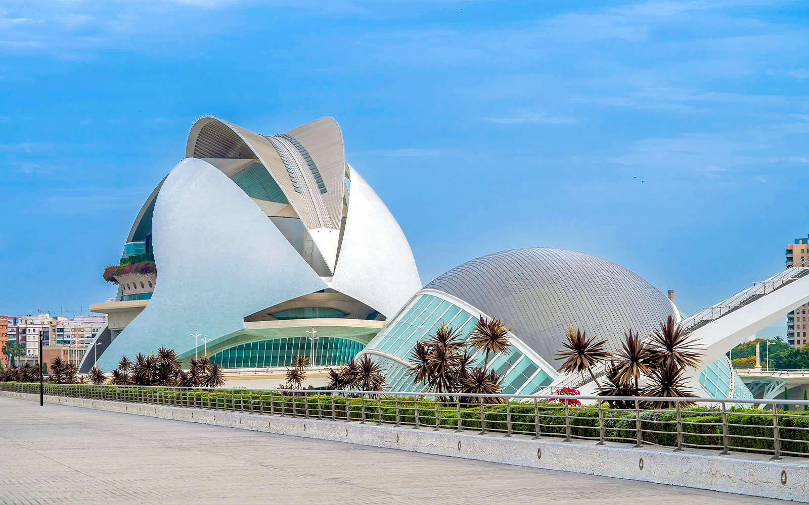 Hemisfèric building in City of Arts and Sciences, Valencia, with modern architecture.
