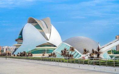 Hemisfèric building in City of Arts and Sciences, Valencia, with modern architecture.