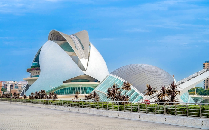 Hemisfèric building in City of Arts and Sciences, Valencia, with modern architecture.