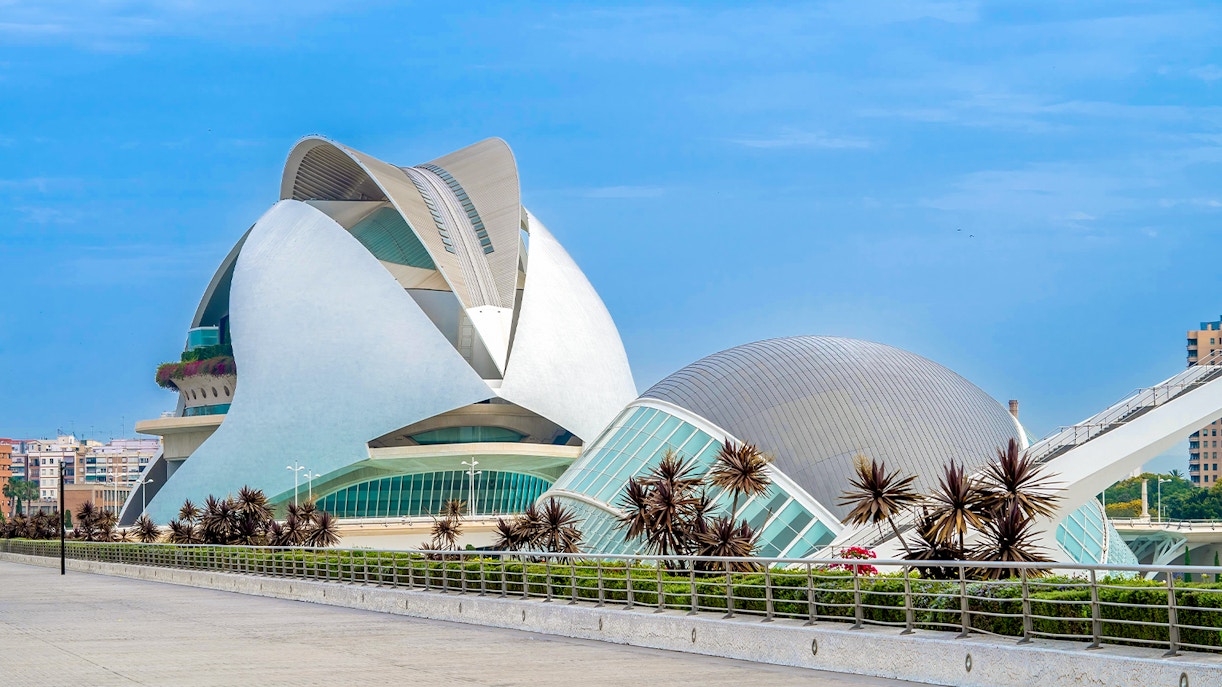 Hemisfèric building in City of Arts and Sciences, Valencia, with modern architecture.