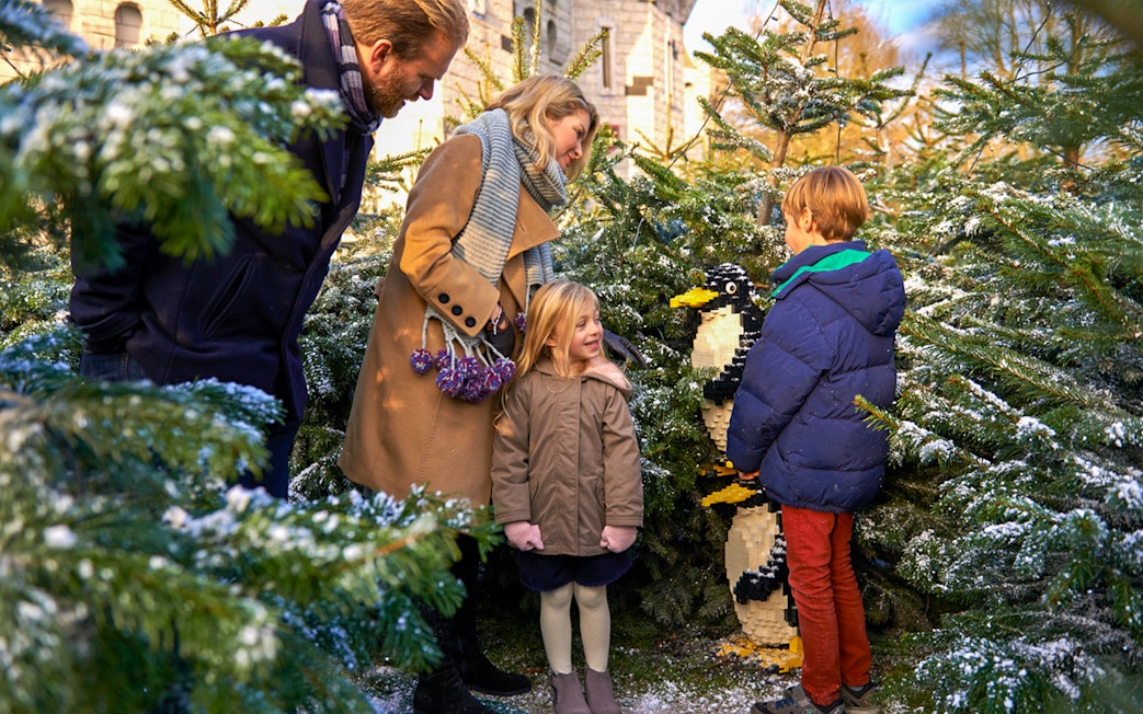 Family exploring Lego penguin display at Legoland Christmas, London.