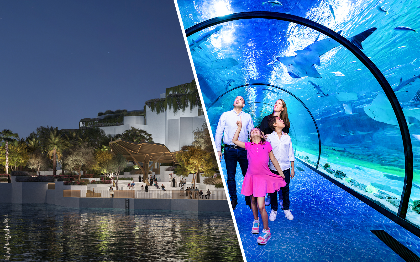 Aerial view of National History Museum Abu Dhabi at night with illuminated entrance.