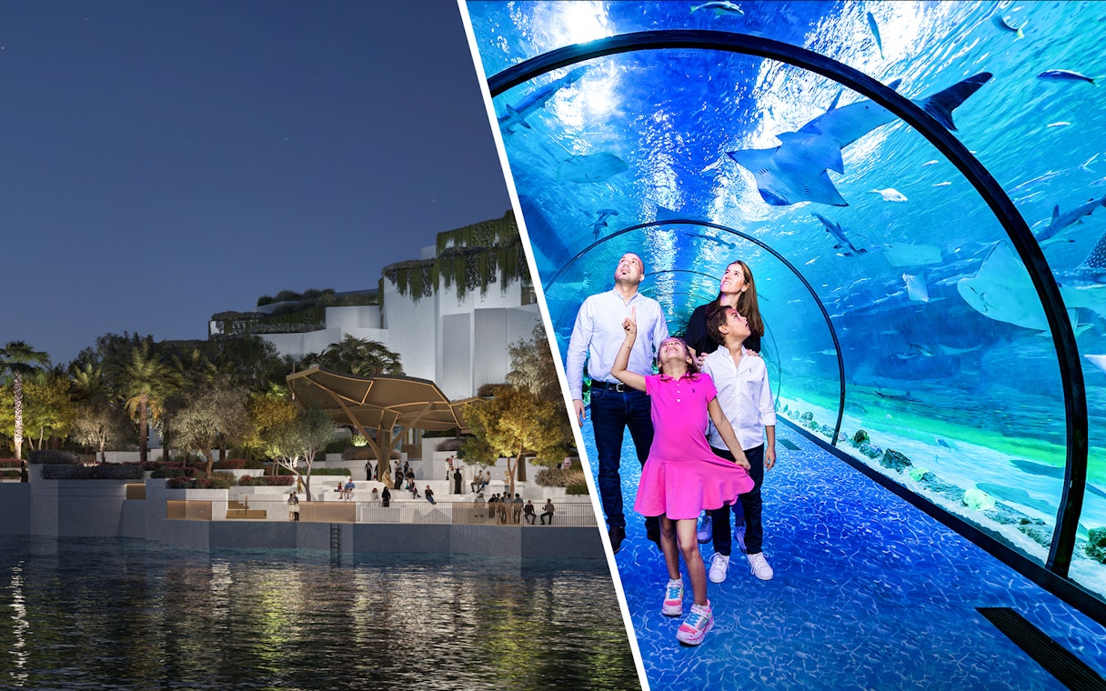 Aerial view of National History Museum Abu Dhabi at night with illuminated entrance.