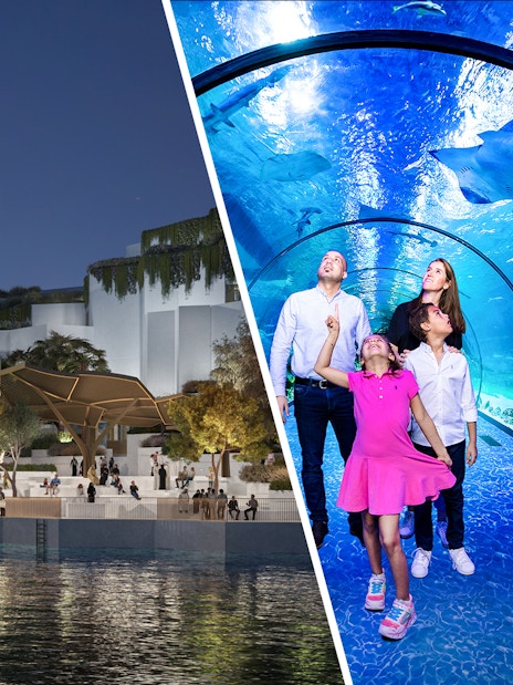Aerial view of National History Museum Abu Dhabi at night with illuminated entrance.
