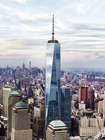 One World Observatory towering over New York City skyline.