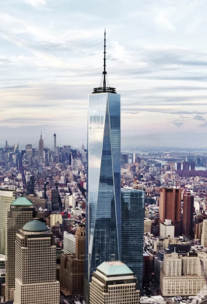 One World Observatory towering over New York City skyline.
