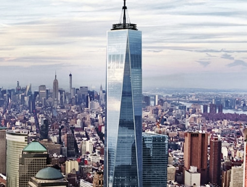 One World Observatory towering over New York City skyline.