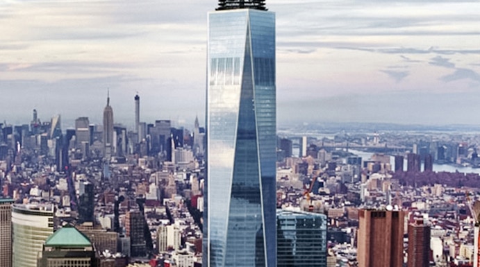 One World Observatory towering over New York City skyline.