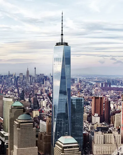 One World Observatory towering over New York City skyline.