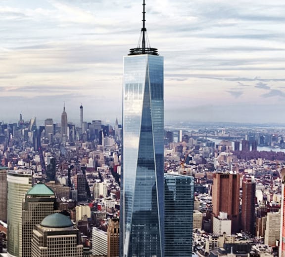 One World Observatory towering over New York City skyline.