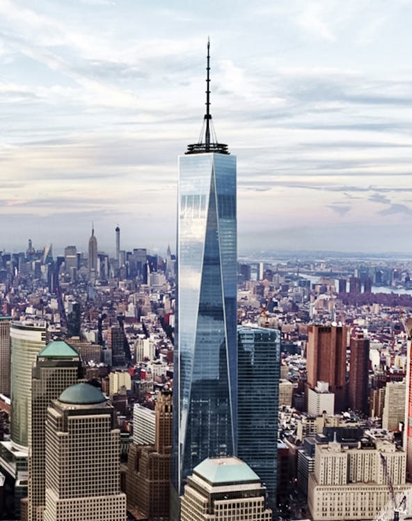 One World Observatory towering over New York City skyline.