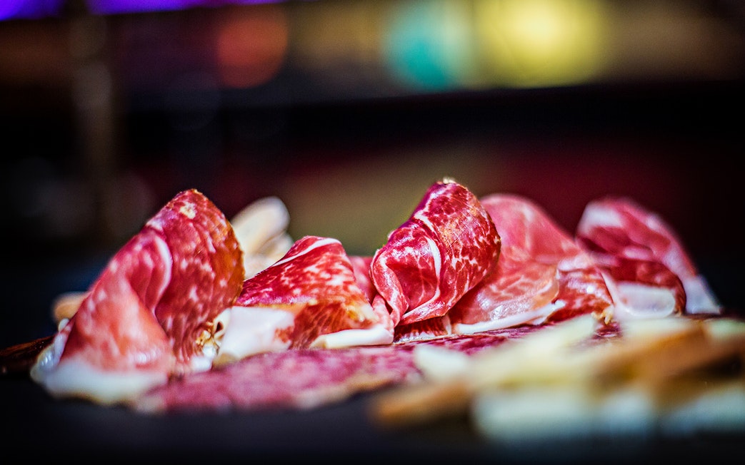 Cured ham slices served at Flamenco Show at Tablao El Toro y la Luna.