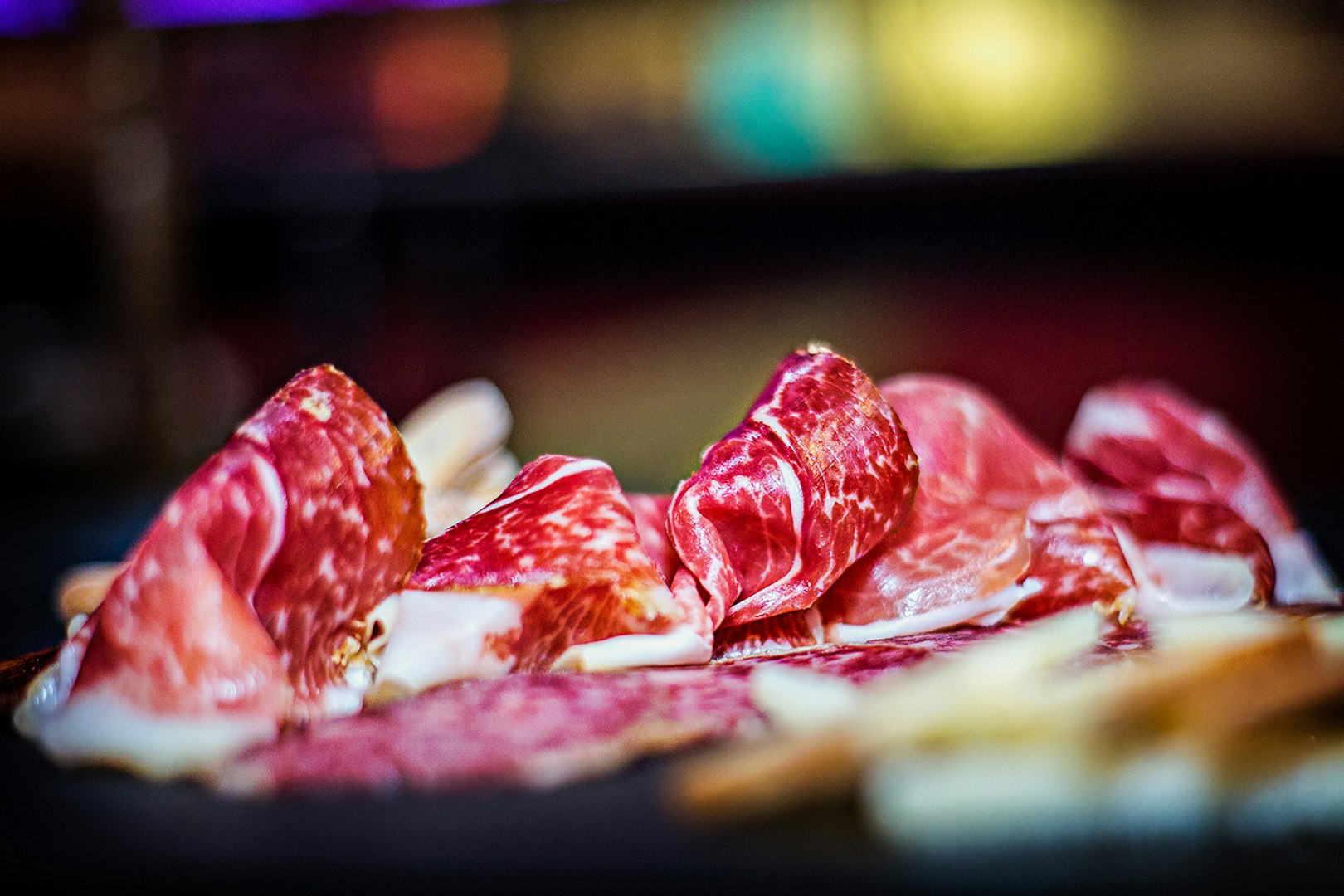 Cured ham slices served at Flamenco Show at Tablao El Toro y la Luna.