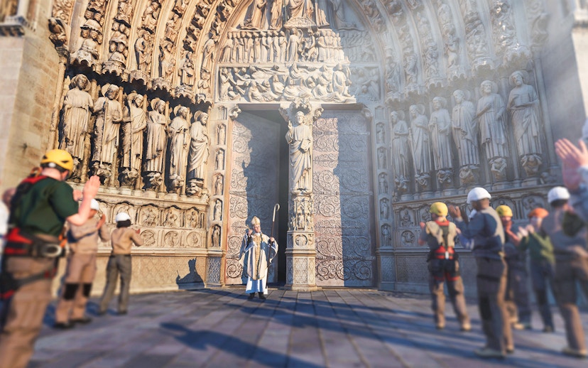 Notre-Dame facade with VR tour group experiencing historical figures.