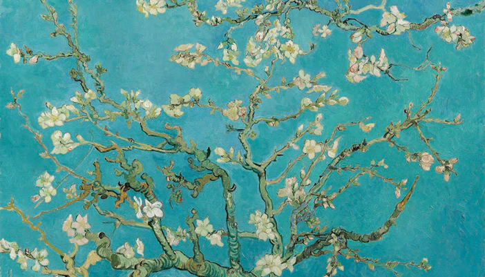 Blossoming almond tree branches against a blue sky, inspired by Van Gogh's art.