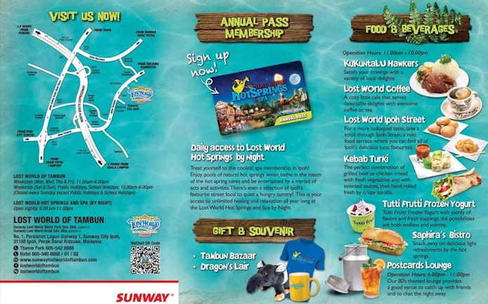 Lost World Hot Springs Night Park map and attractions, including food options and annual pass details.