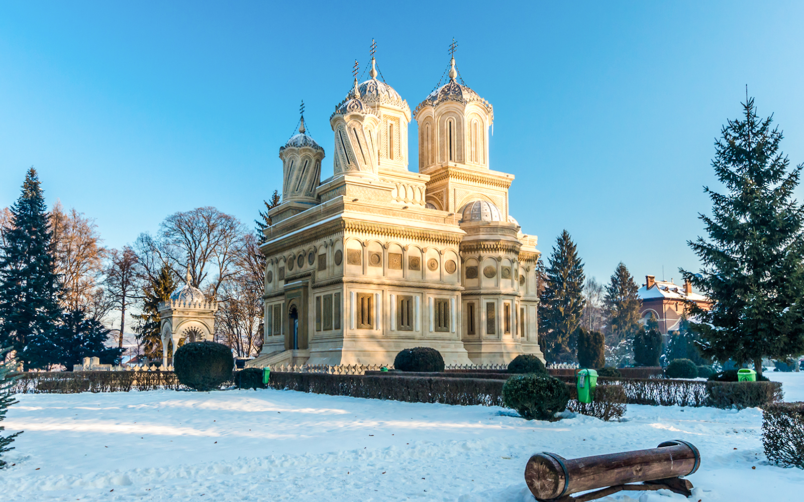 Curtea de Arges Monastery surrounded by snow in winter, Romania.