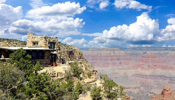 Mary Colter's Lookout Studio at the South Rim of the Grand Canyon in Arizona