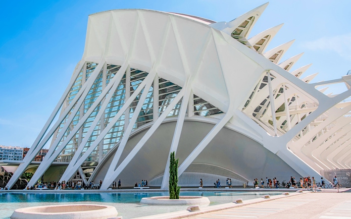 Valencia Science Museum exterior with visitors and modern architecture.