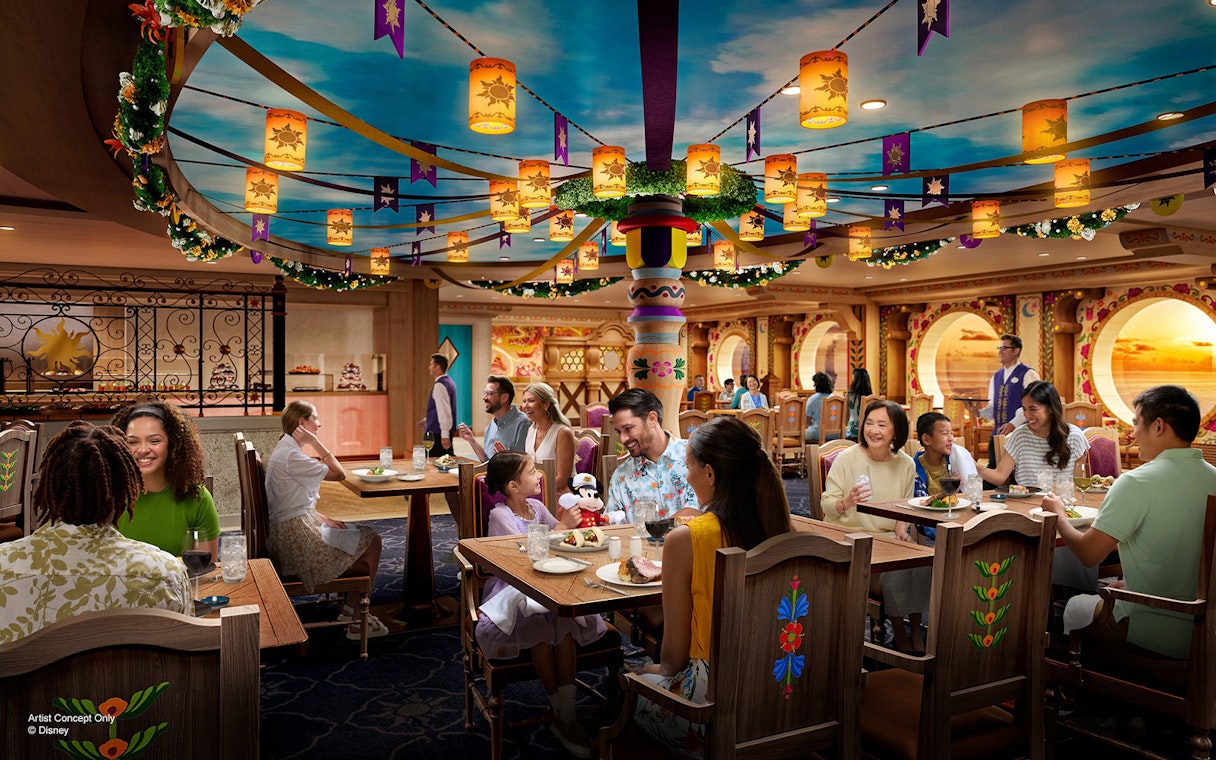 Guests dining in a themed restaurant on the Disney Adventure Cruise from Singapore.