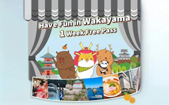 Cartoon animals in Wakayama with landmarks and activities, promoting a 1-week pass.