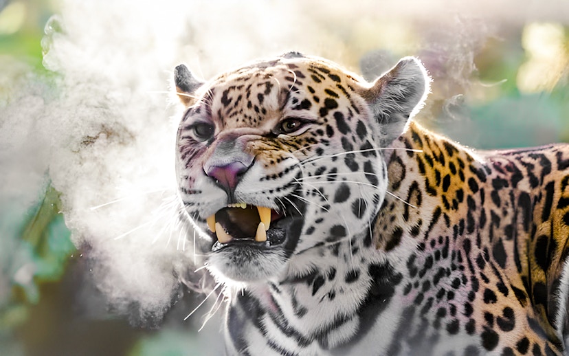 Leopard exhaling visible breath in a misty jungle setting.