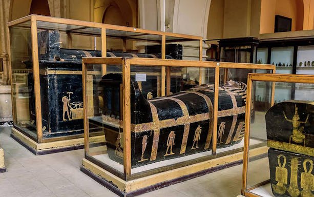 Sarcophagi display at the Egyptian Museum in Cairo.