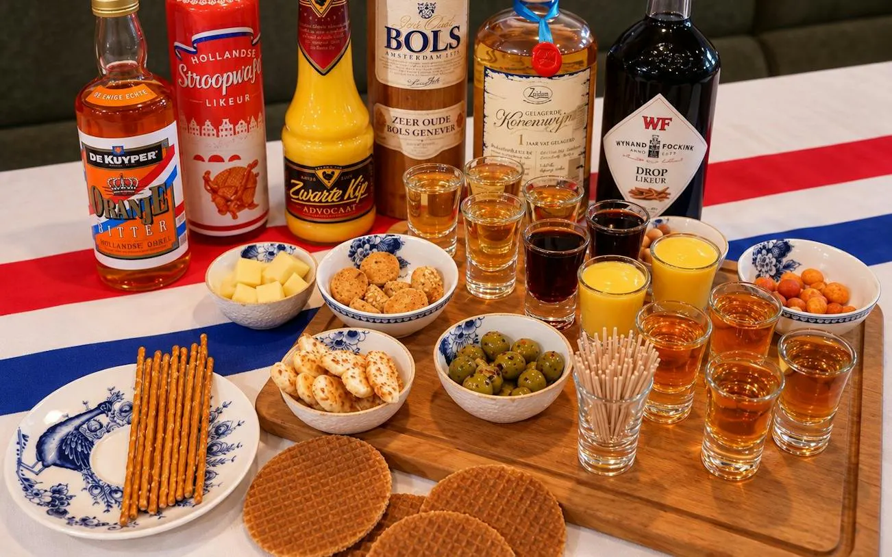 Traditional Dutch drinks and snacks, including genever, advocaat, cheese, and stroopwafels, in Amsterdam.