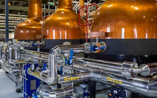 Copper pot stills and stainless steel pipes at Midleton Distillery, Ireland.