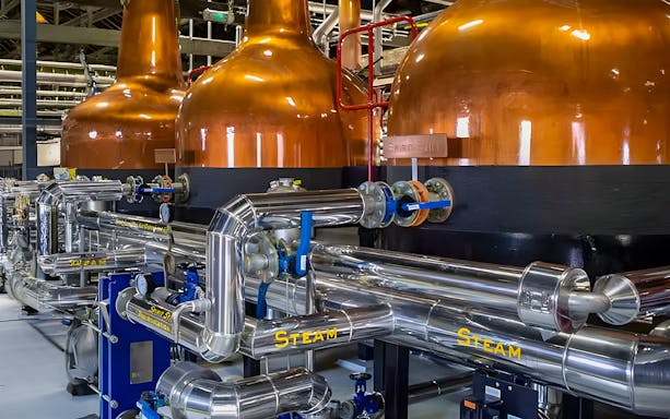 Copper pot stills and stainless steel pipes at Midleton Distillery, Ireland.