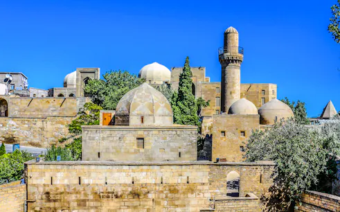 Palace of the Shirvanshahs complex with domes and minaret, Baku.