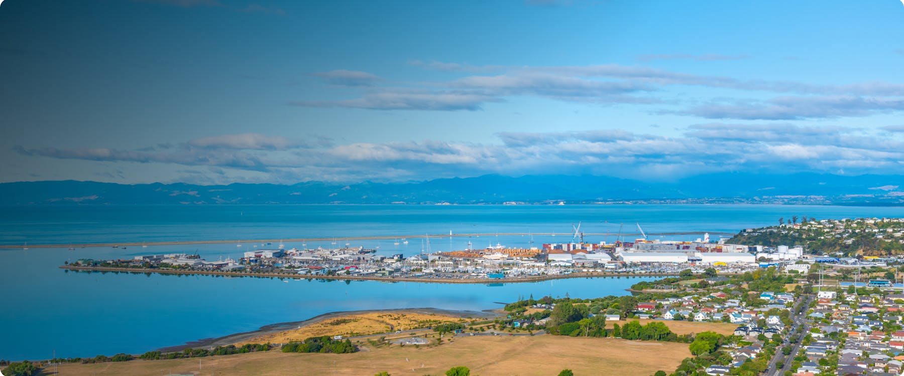 Nelson waterfront with port and residential area, New Zealand.