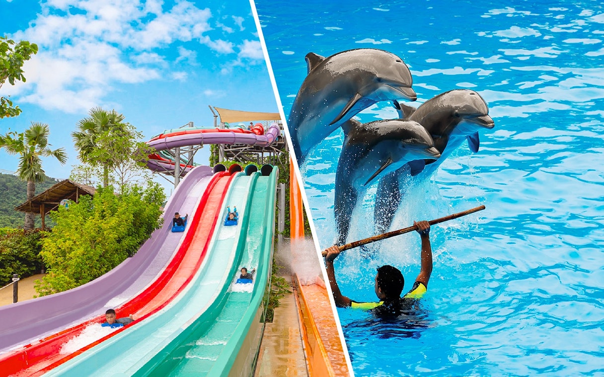 Water slides and dolphin show at Ramayana Water Park, Thailand.
