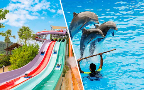 Water slides and dolphin show at Ramayana Water Park, Thailand.