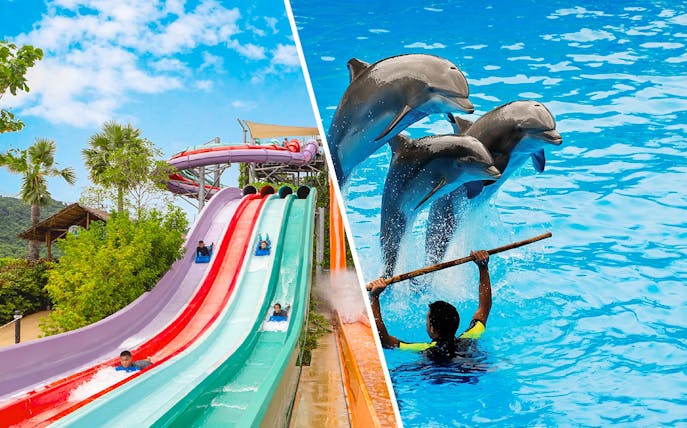 Water slides and dolphin show at Ramayana Water Park, Thailand.