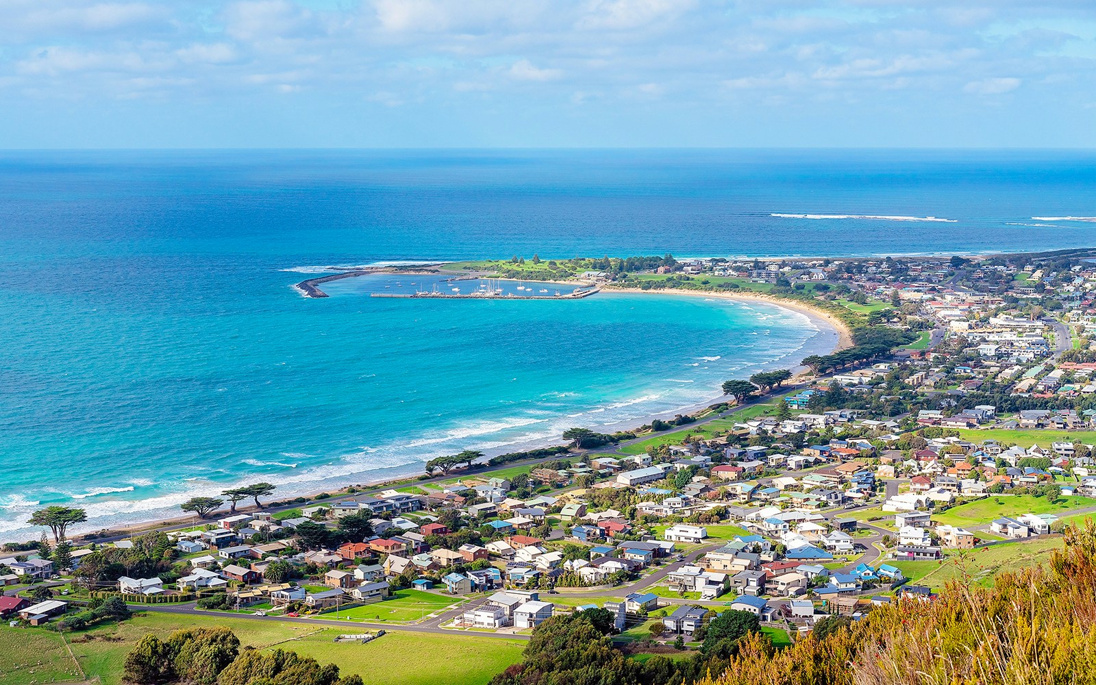 Apollo Bay coastline along Great Ocean Road with scenic ocean views.