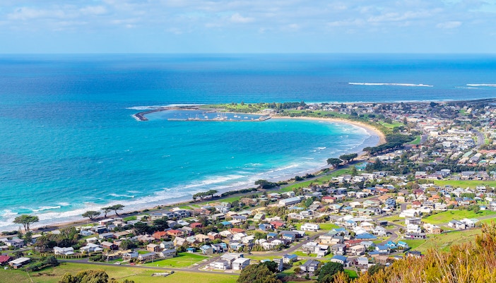 Apollo Bay coastline along Great Ocean Road with scenic ocean views.