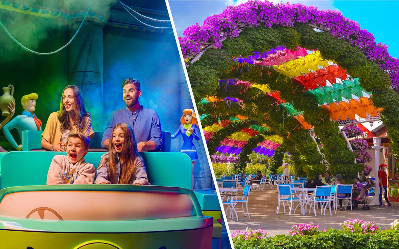 Family enjoying Warner Bros ride and colorful umbrella display at Miracle Garden.