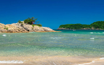 Mukojima Island and Haneo Cape with clear sea at Uradome Coast, Tottori, Japan.