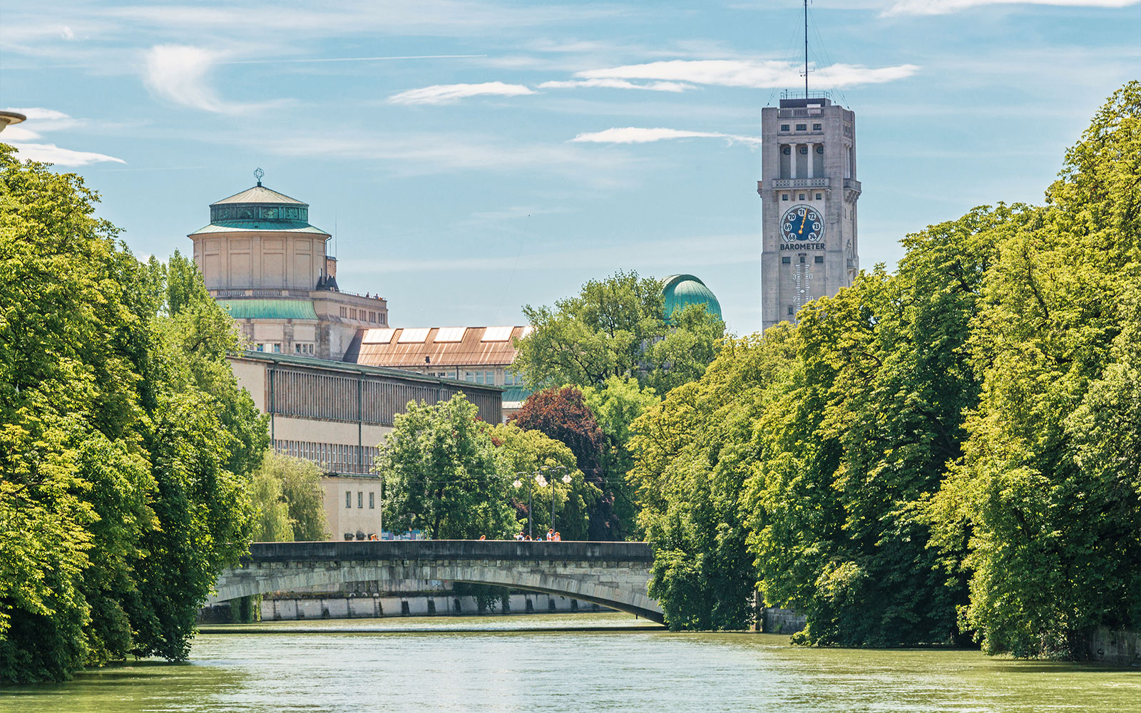 Deutsches Museum in Munich with river and bridge in foreground.