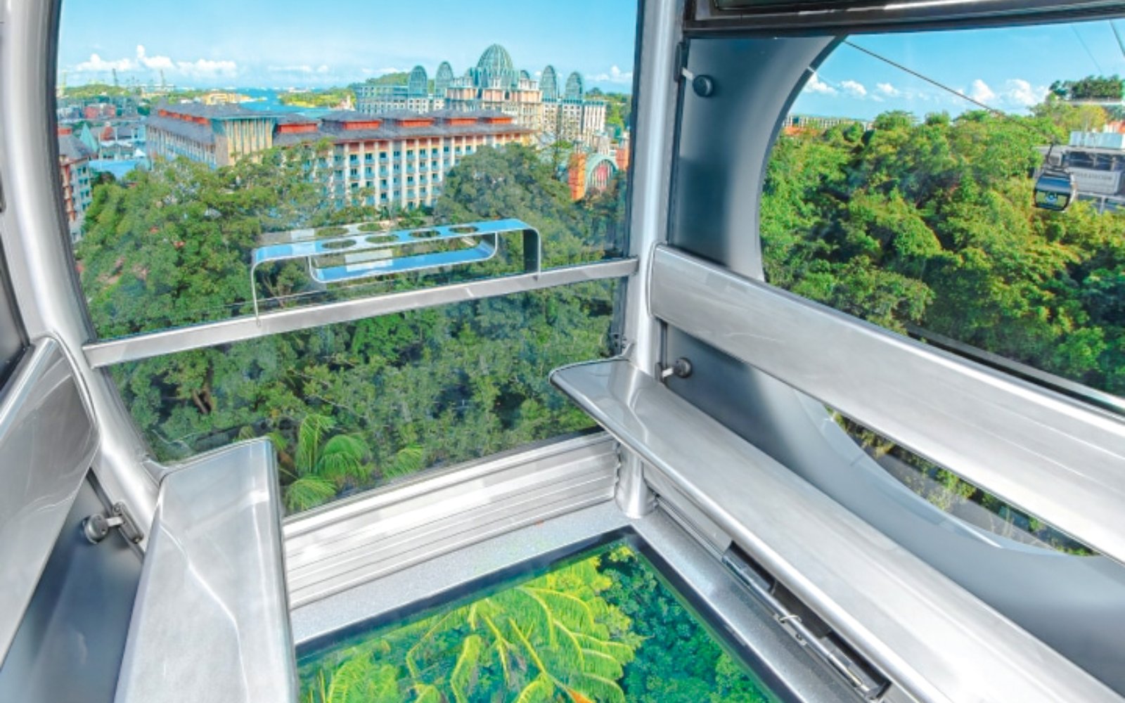 Interior view of a Singapore cable car with cityscape and greenery outside.