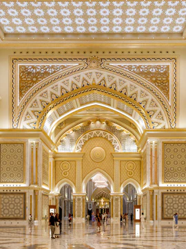 Qasr Al Watan interior with ornate arches and intricate patterns, Abu Dhabi.
