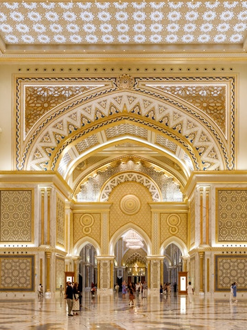 Qasr Al Watan interior with ornate arches and intricate patterns, Abu Dhabi.