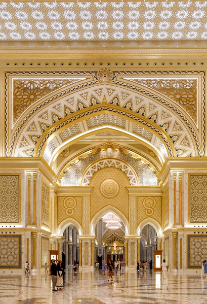 Qasr Al Watan interior with ornate arches and intricate patterns, Abu Dhabi.